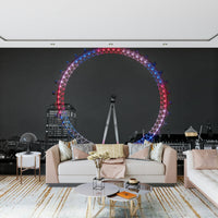 Reflecting Eye image, unique city wheel, vibrant lights wallpaper print.