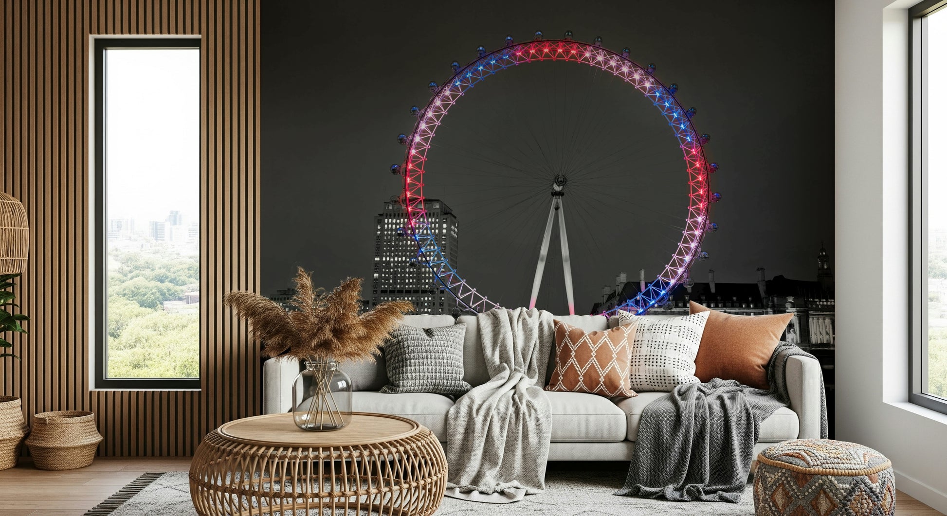 Dramatic cityscape, illuminated wheel, unique London wallpaper view.