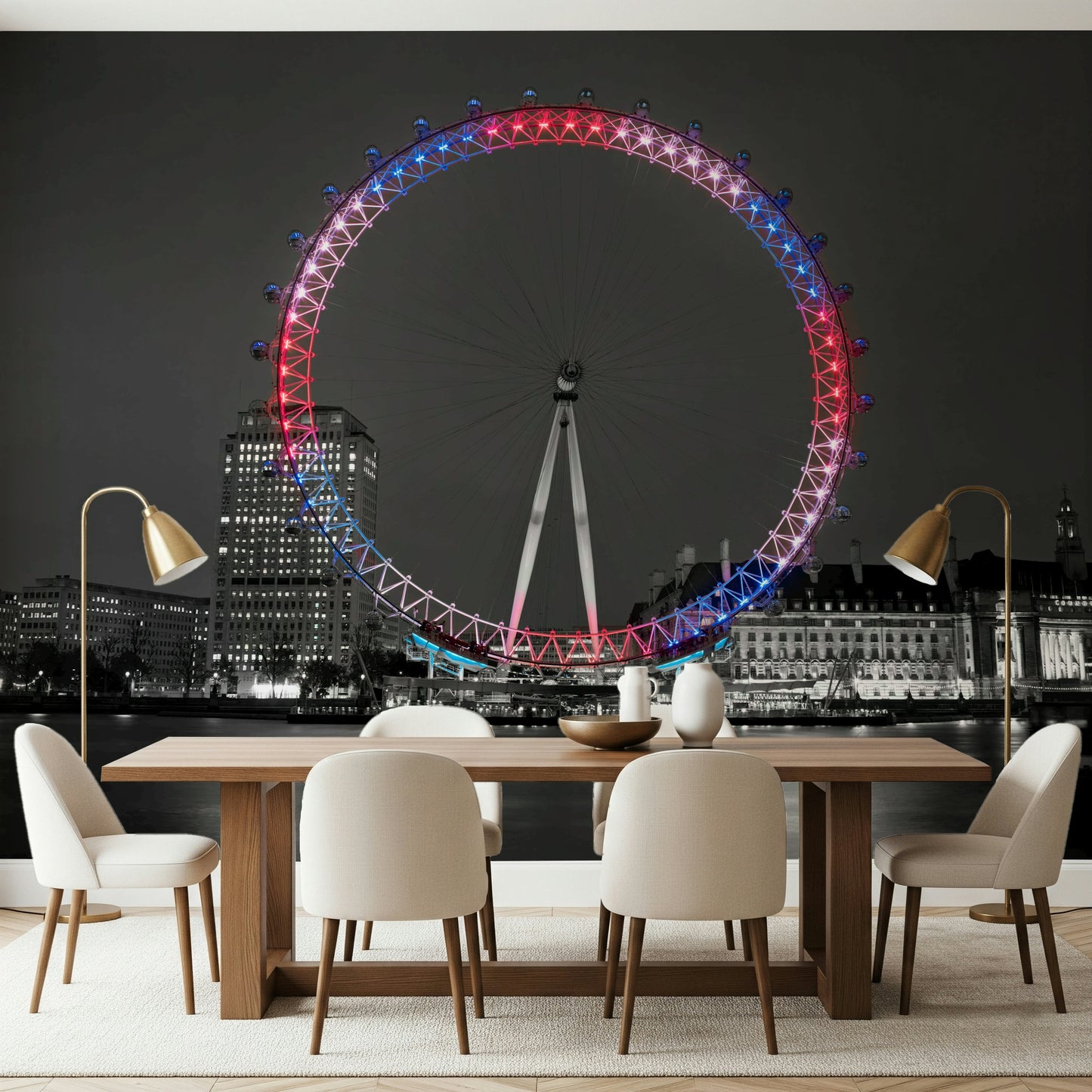Wall Mural of the London Eye, illuminated wheel, striking Reflecting Eye.