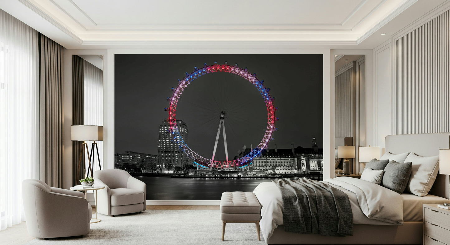 Giant Ferris wheel over water, monochrome art, Reflecting Eye focus.