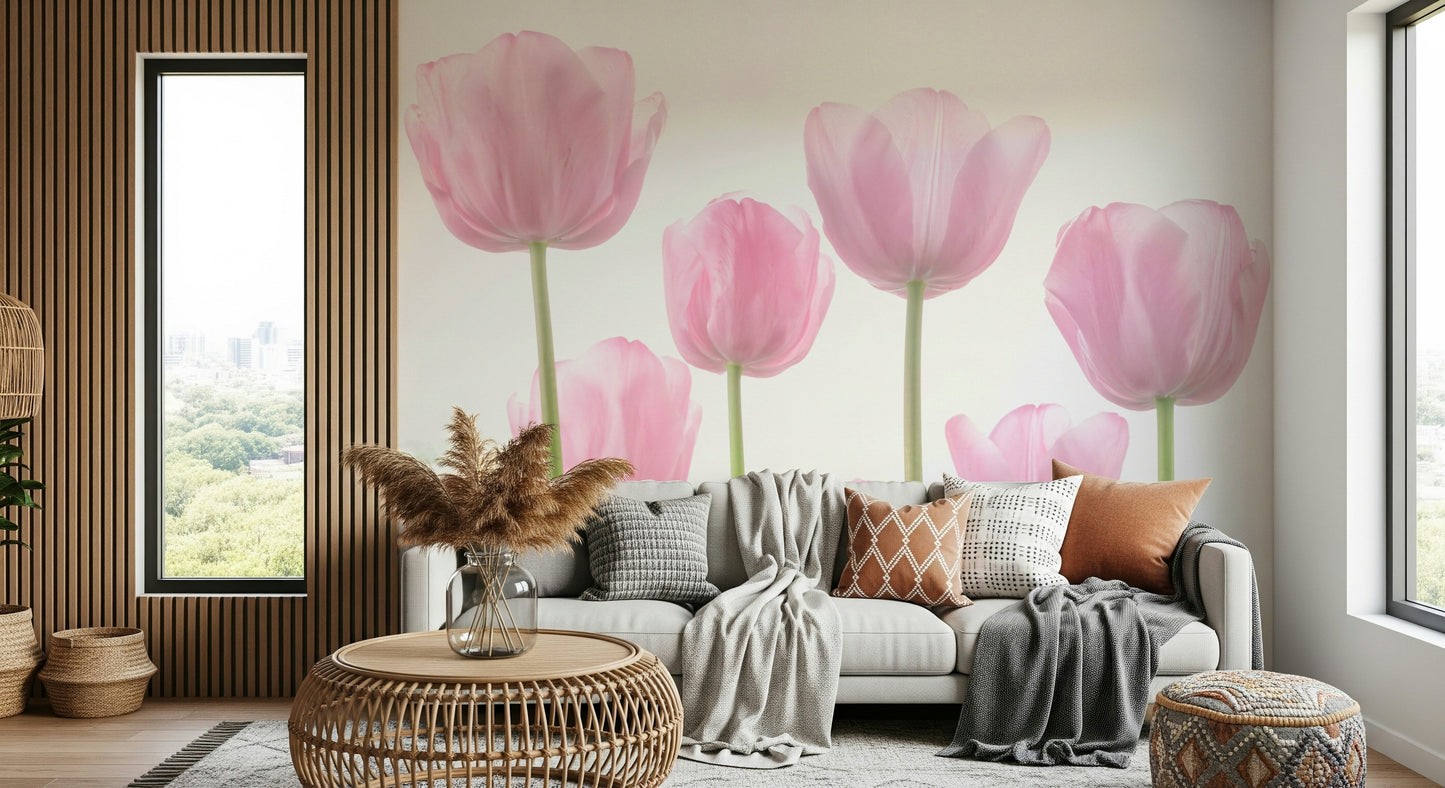 Delicate pink floral print, high-key lighting, unique Wall Mural design.