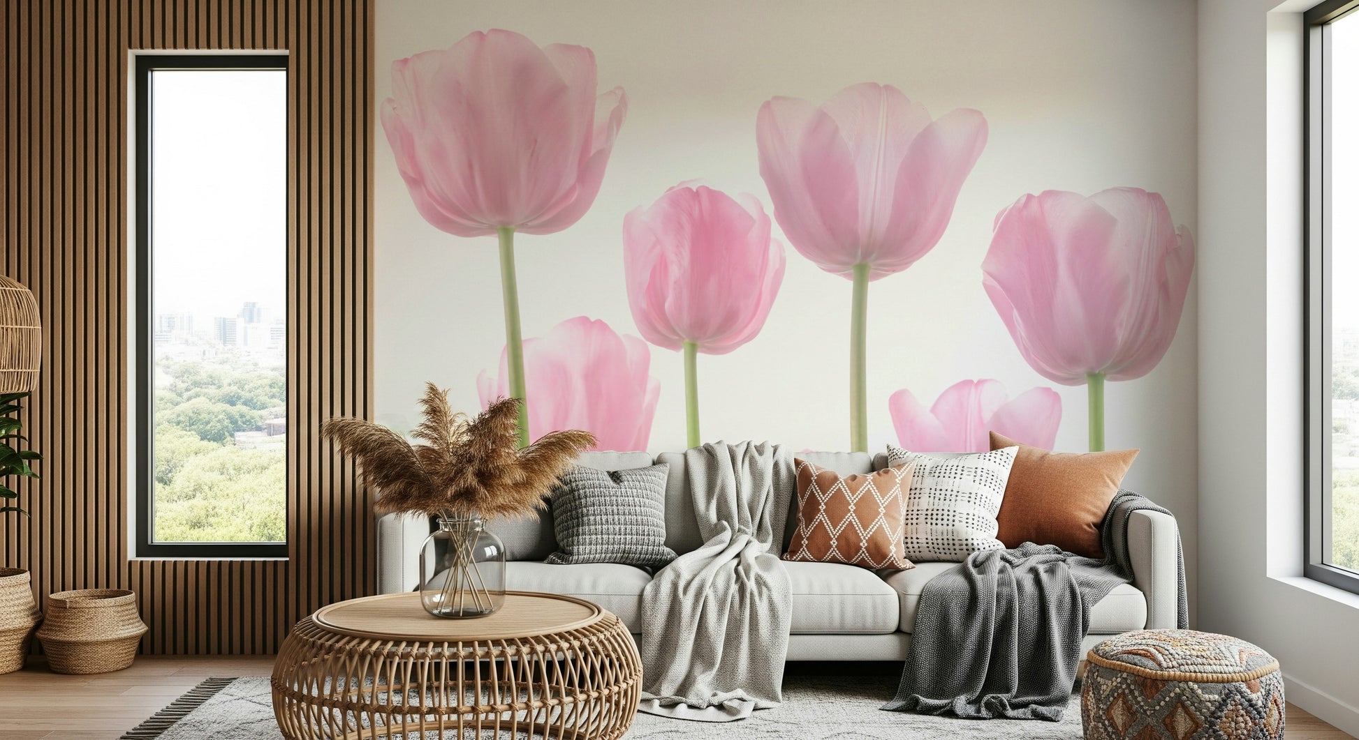 Delicate pink floral print, high-key lighting, unique Wall Mural design.