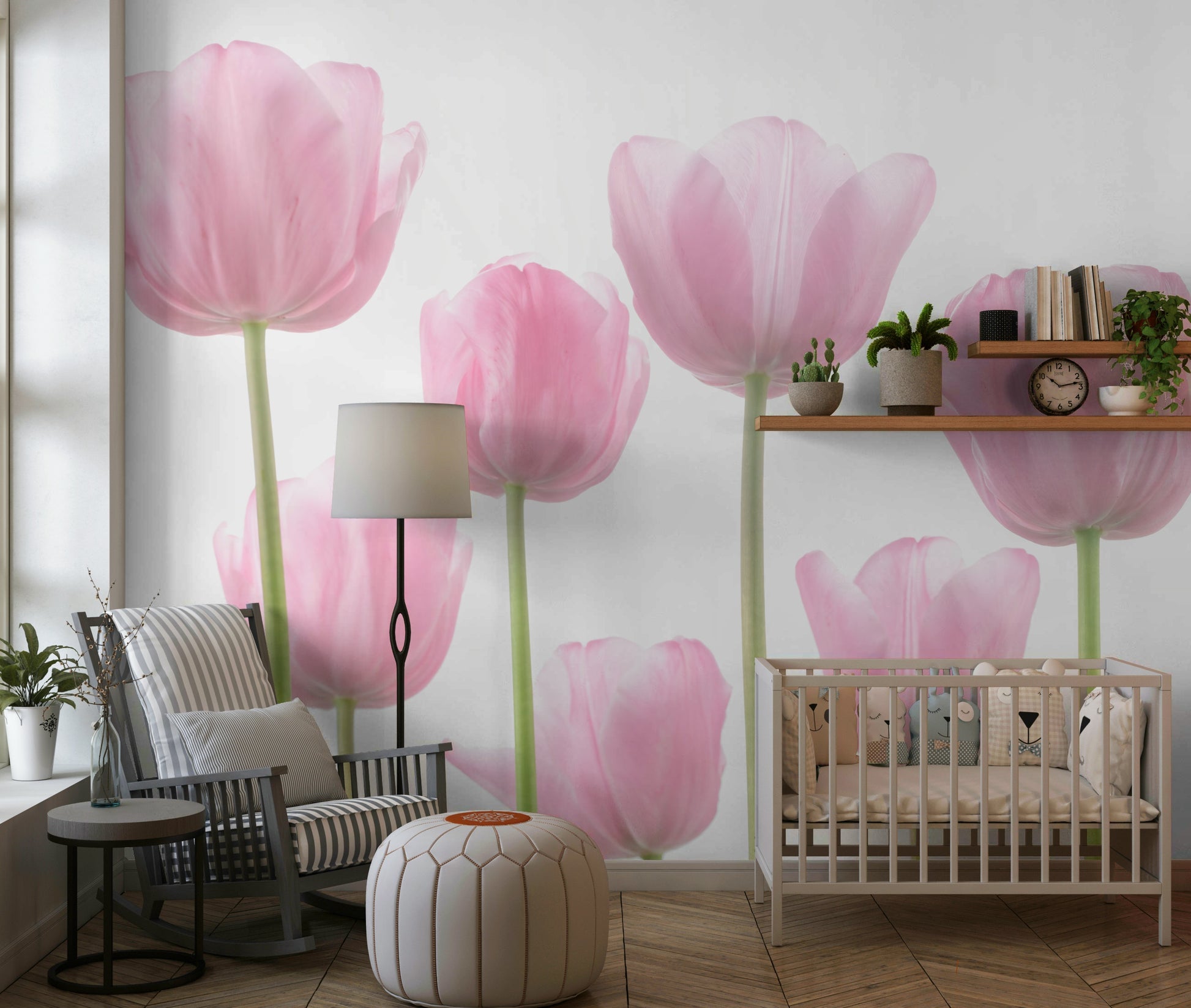 Beautiful pastel pink tulips, close-up floral art, unique Wall Mural.