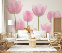 Elegant tulip cluster, white space, dreamy floral wallpaper scene.