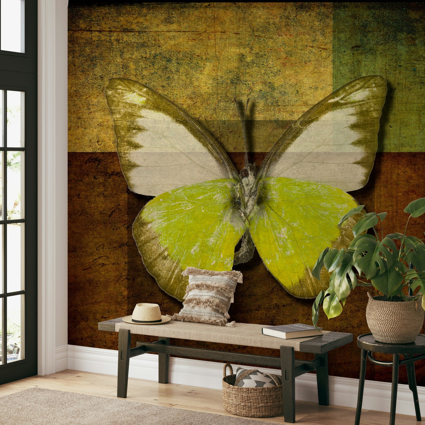 Wall Mural of a yellow and brown butterfly on a striped background.