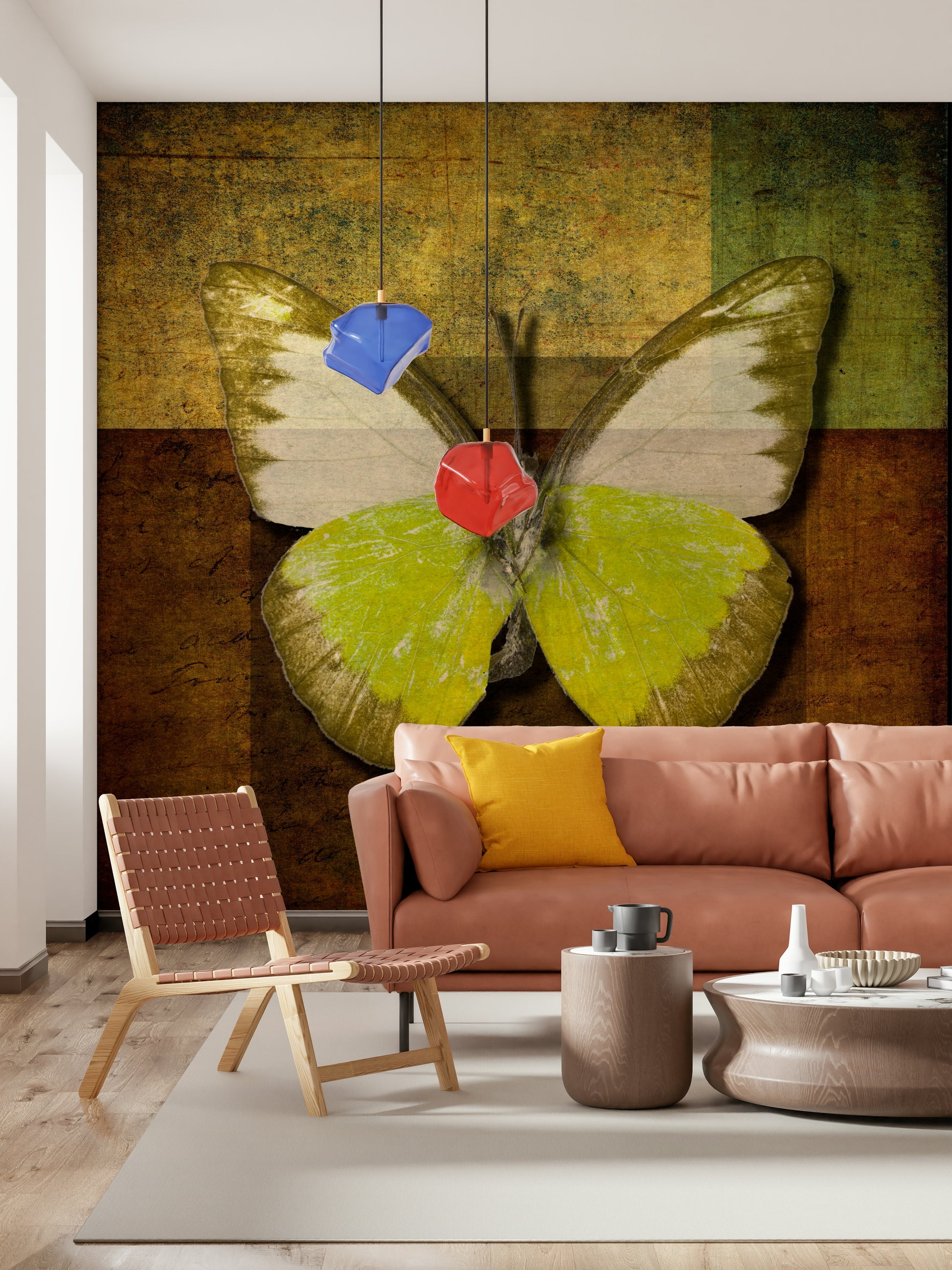 Golden Wings Wall Mural, vibrant art butterfly, unique color blocking.