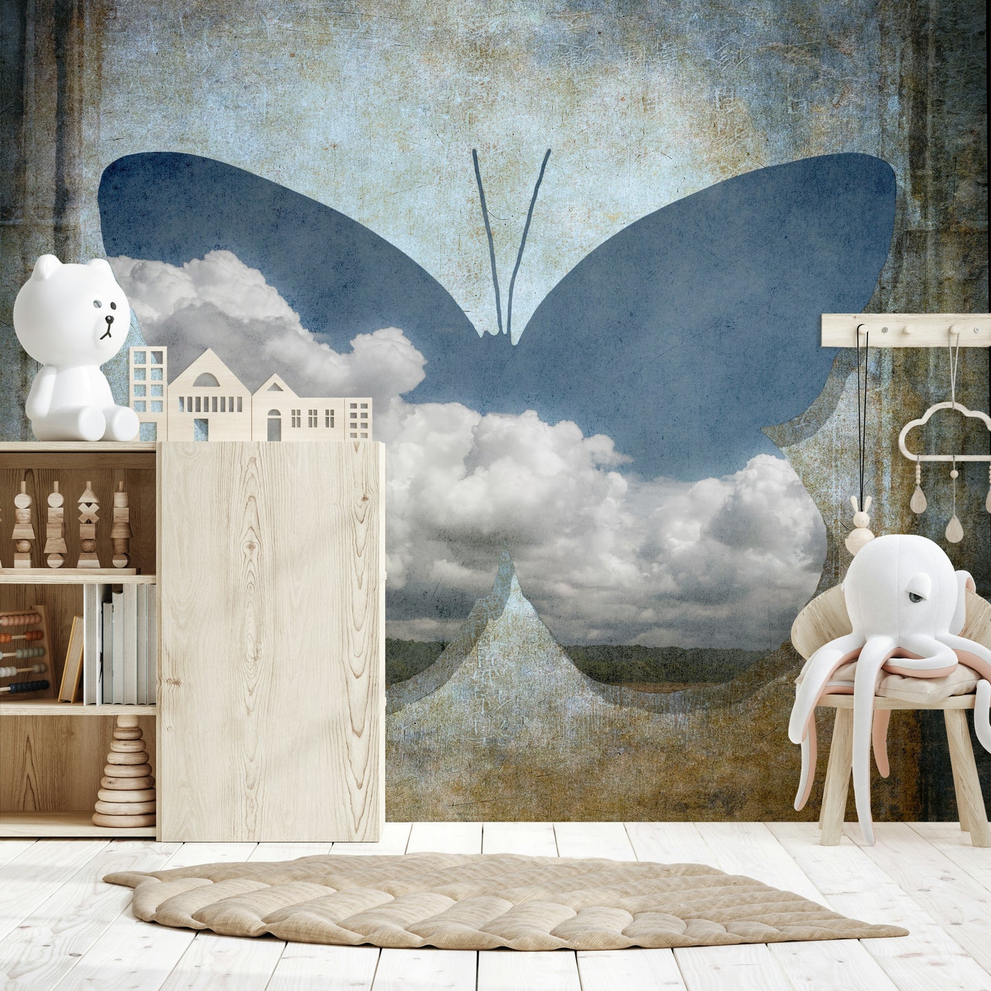 Wallpaper with a striking butterfly motif and cloudscape filling detail.