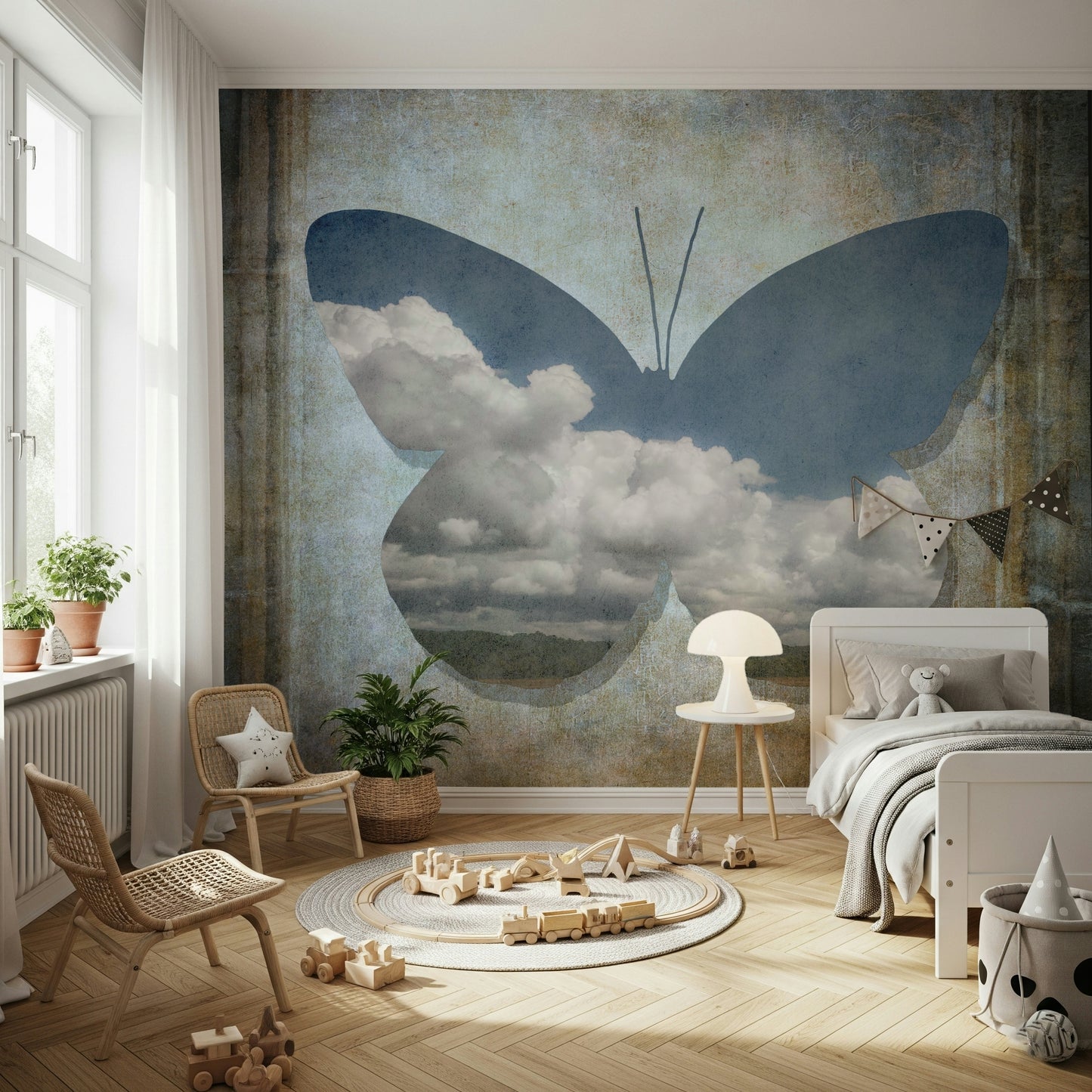 Surreal butterfly shape, cloud filled wings, unique wallpaper print.
