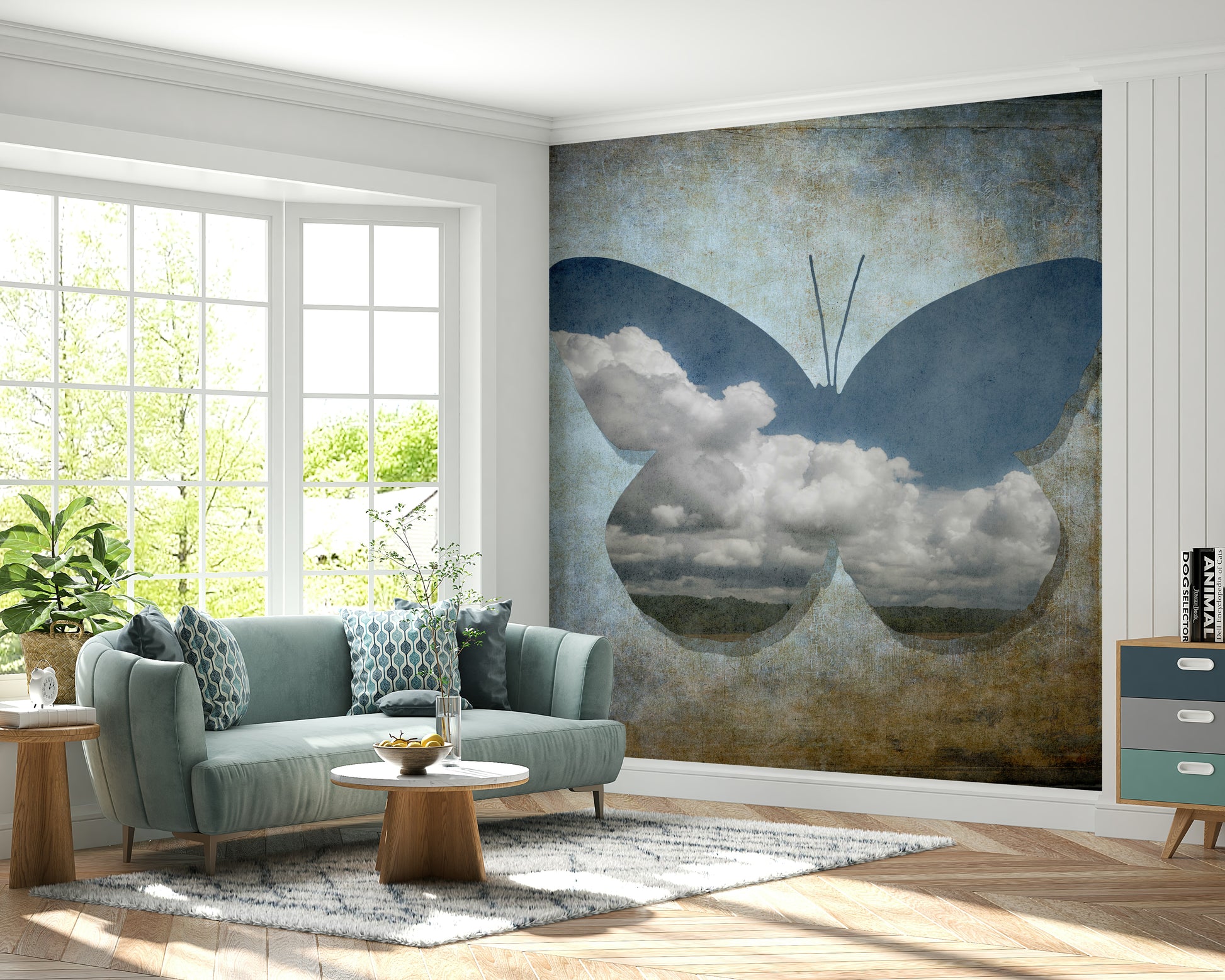 Abstract butterfly, blue sky and white clouds, unique art Wall Mural.