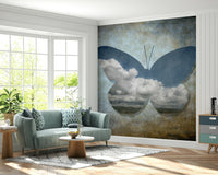 Abstract butterfly, blue sky and white clouds, unique art Wall Mural.