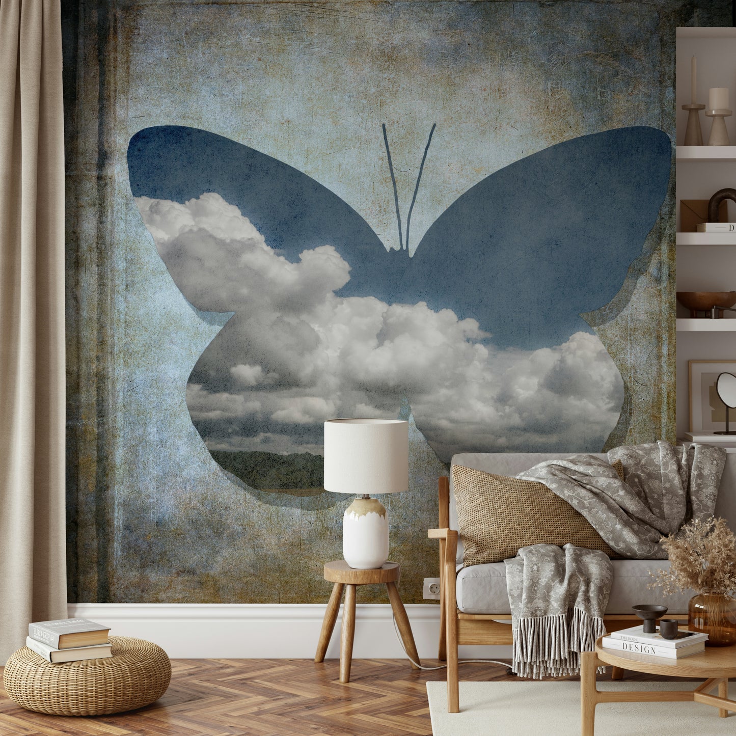 Wallpaper of a cutout butterfly revealing a scenic landscape view.
