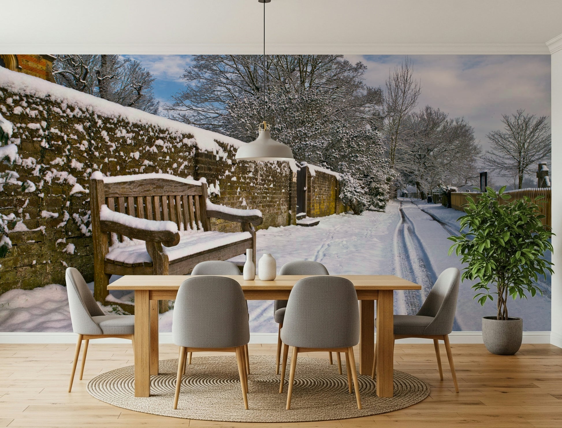 Snow-covered path Snowy Bench Retreat Wall Mural, charming.
