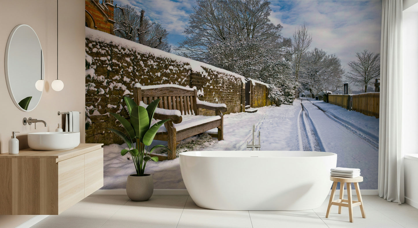 Quiet winter landscape Snowy Bench Retreat, serene wall art.