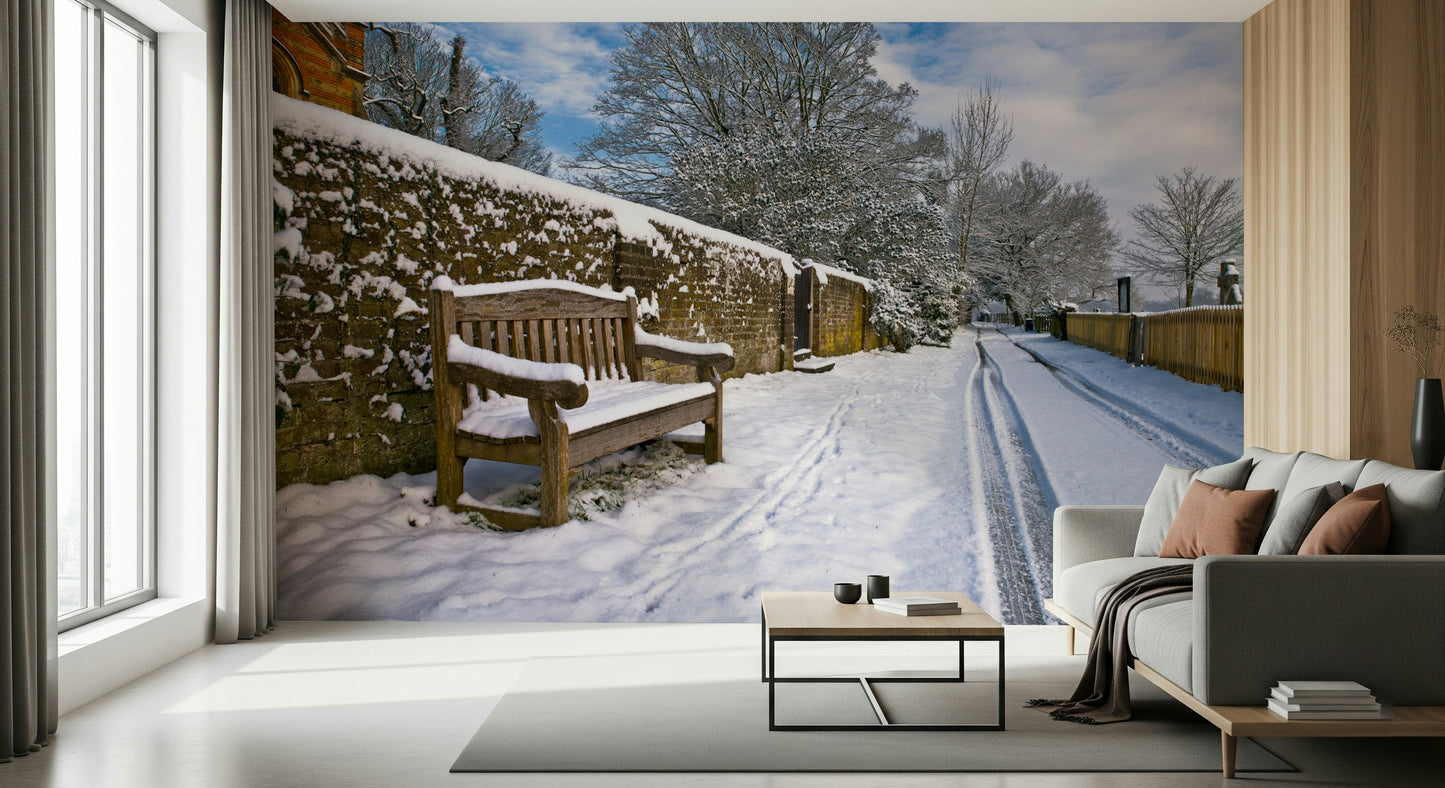 Footprints in the snow Snowy Bench Retreat appealing accent wall mural.