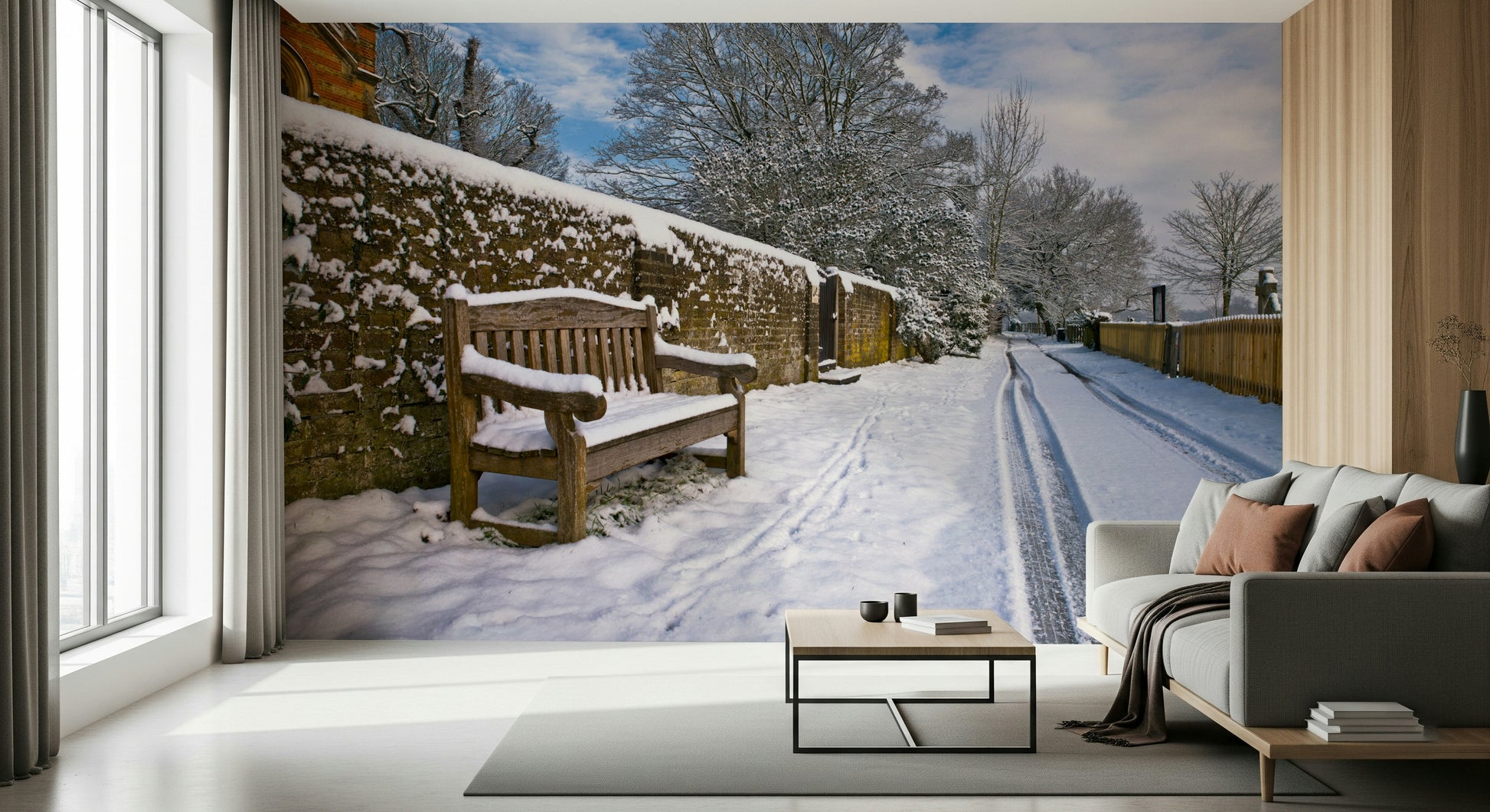 Footprints in the snow Snowy Bench Retreat appealing accent wall mural.