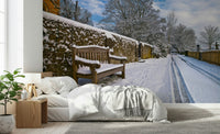 Tranquil garden scene Snowy Bench Retreat wall mural for interiors.