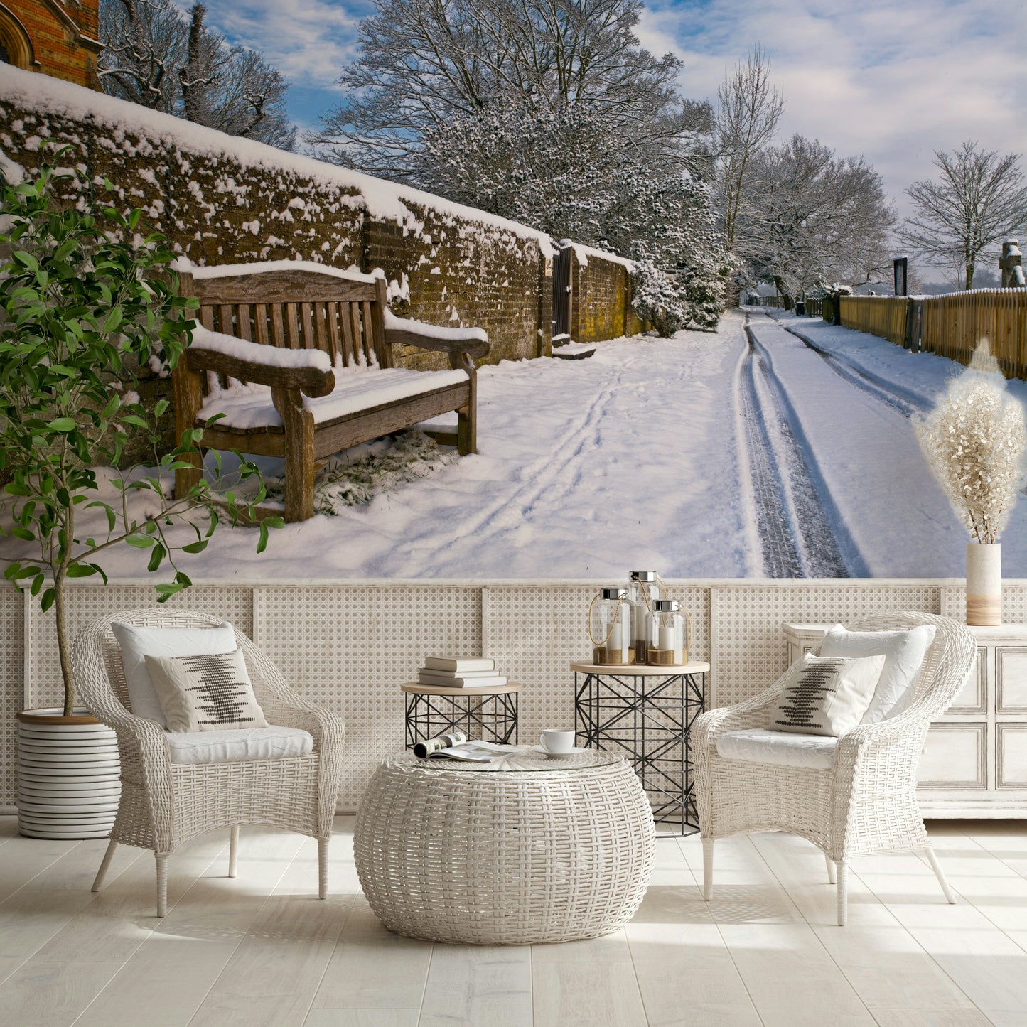 Wooden garden seating Snowy Bench Retreat Wall Mural, delightful winter scene.