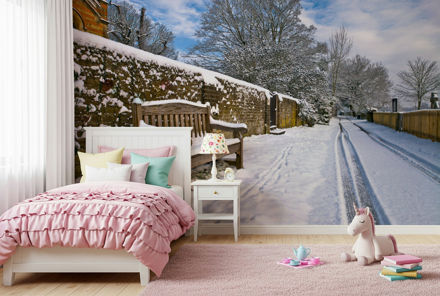 Rustic bench and wall Snowy Bench Retreat peel and stick wallpaper.