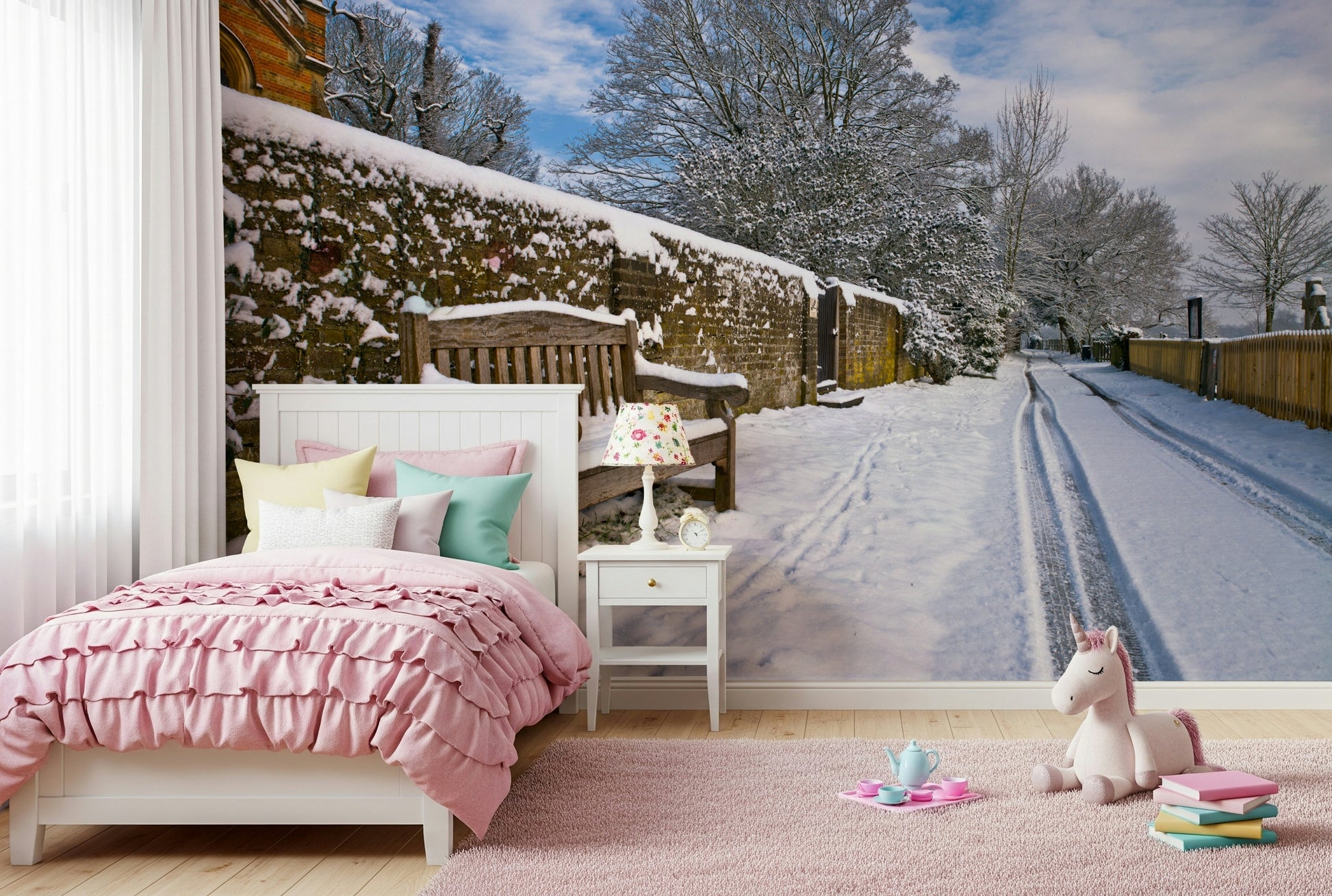 Rustic bench and wall Snowy Bench Retreat peel and stick wallpaper.