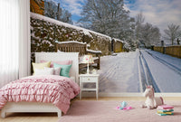 Rustic bench and wall Snowy Bench Retreat peel and stick wallpaper.