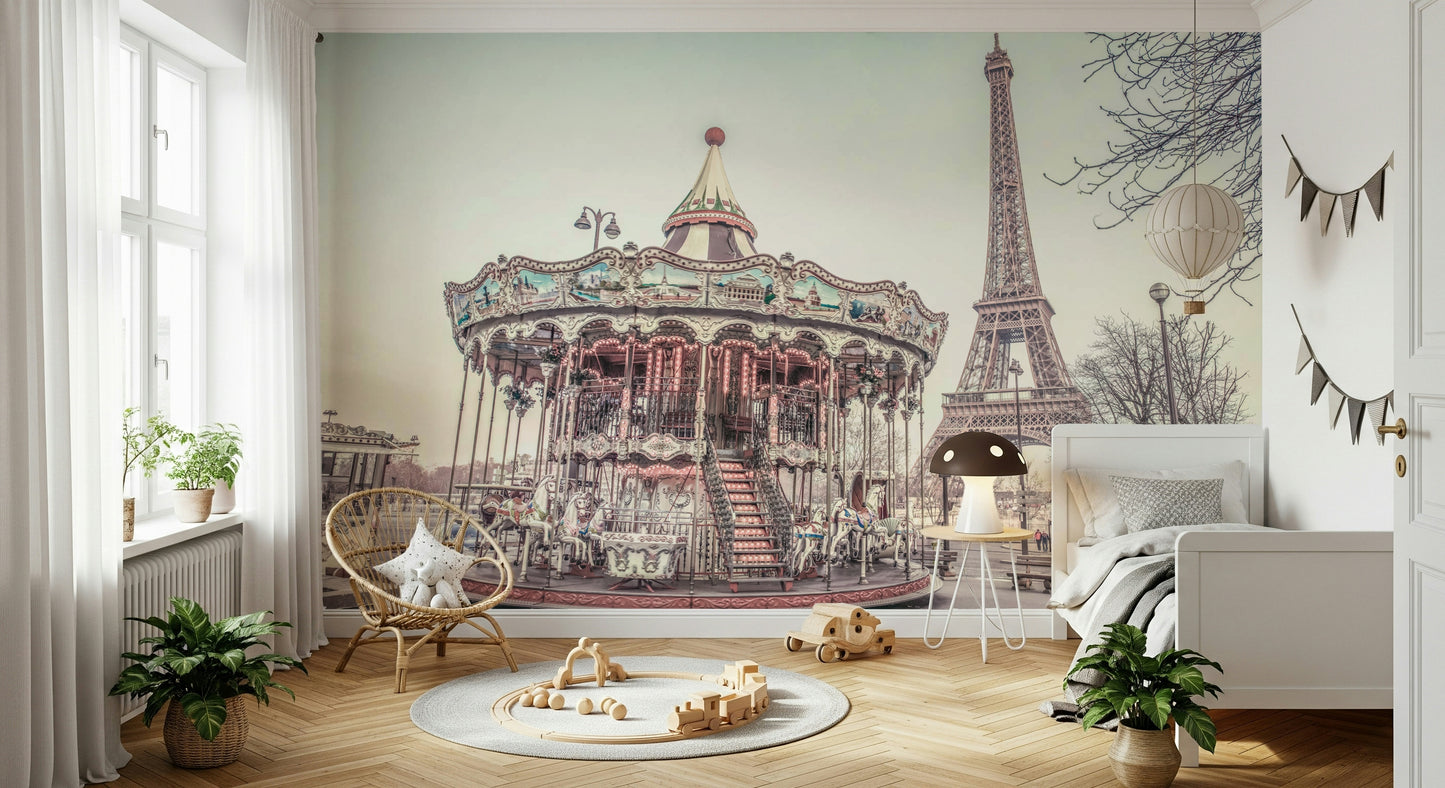 Pink and white carousel Carousel and the Eiffel tower Wall Mural .