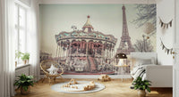 Pink and white carousel Carousel and the Eiffel tower Wall Mural .