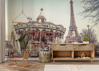 Muted pink tones Carousel and the Eiffel tower unique wall decor.