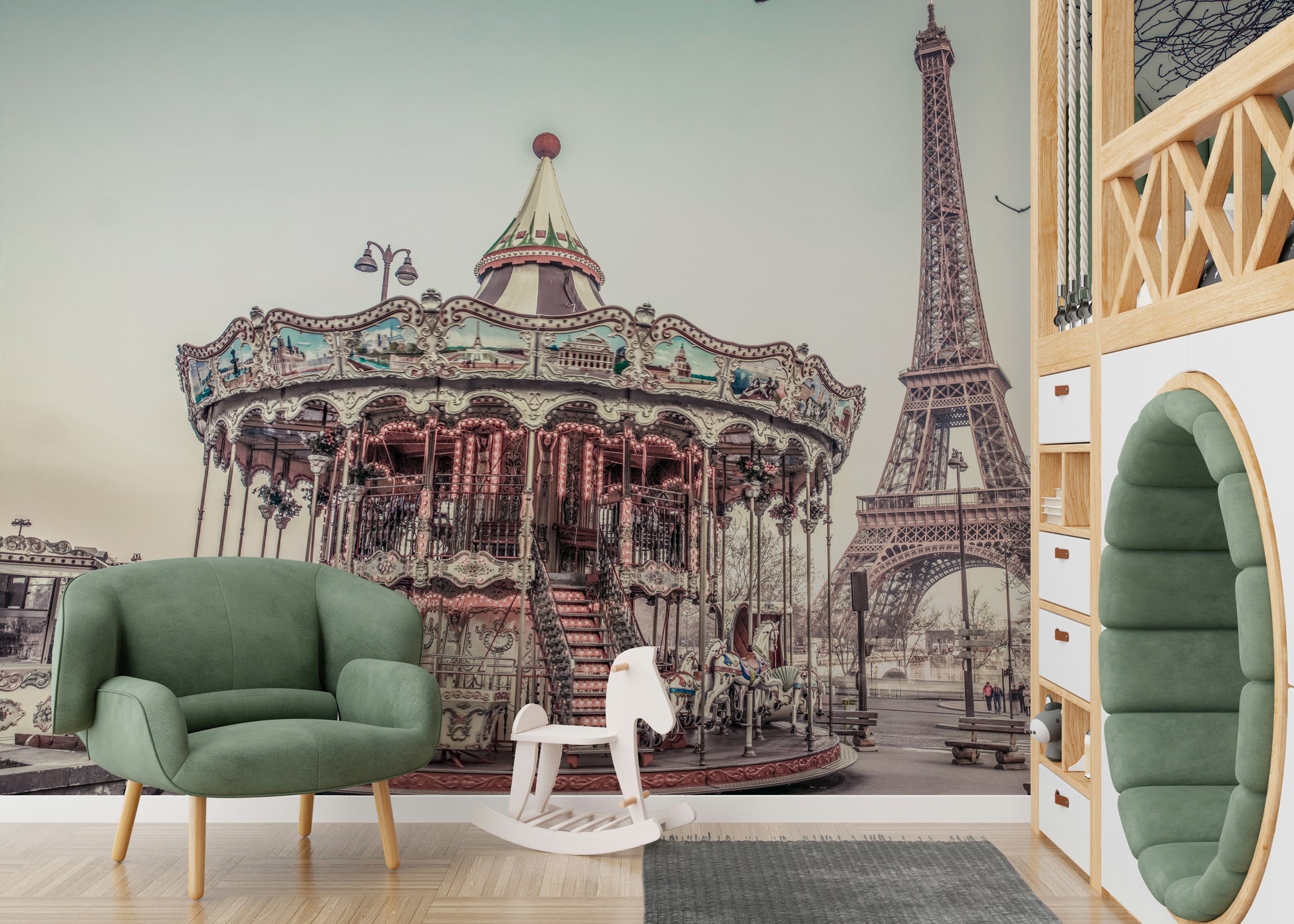 Nostalgic city view Carousel and the Eiffel tower stunning scenic photography wall mural.