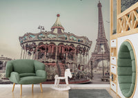 Nostalgic city view Carousel and the Eiffel tower stunning scenic photography wall mural.