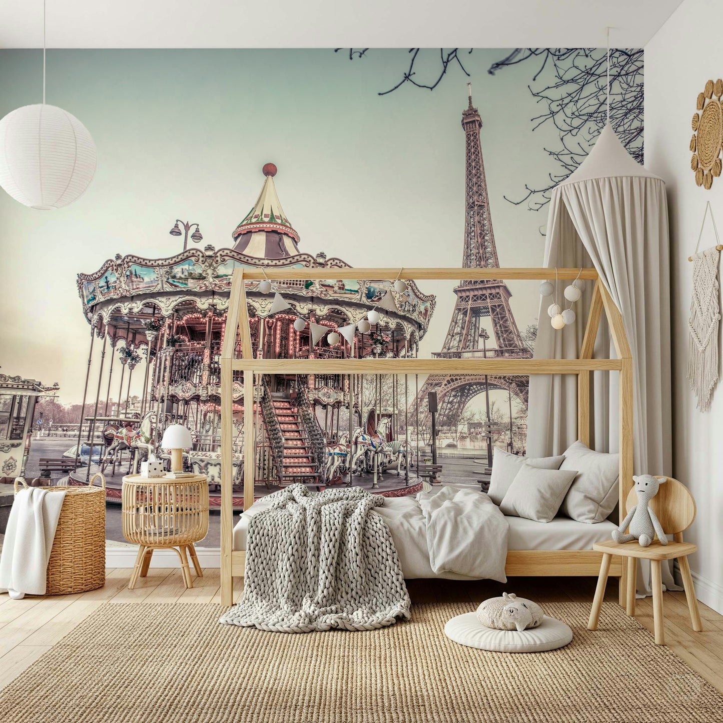 Historic Parisian park Carousel and the Eiffel tower for interior design wall mural.