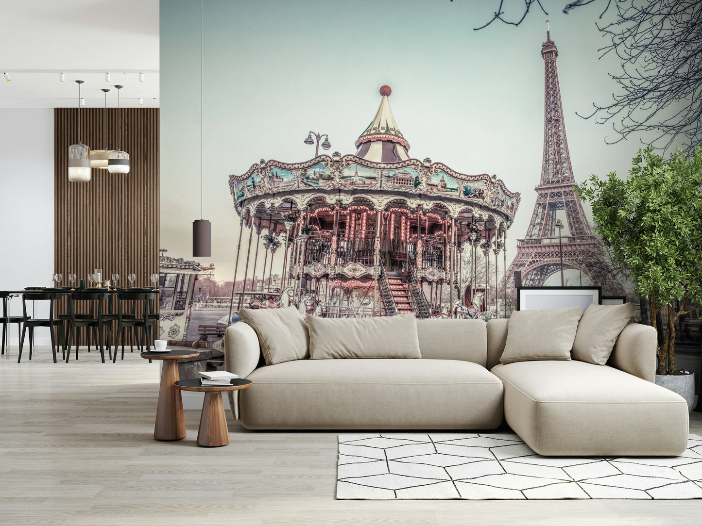 Iconic landmark fun Carousel and the Eiffel tower Wall Mural for walls.