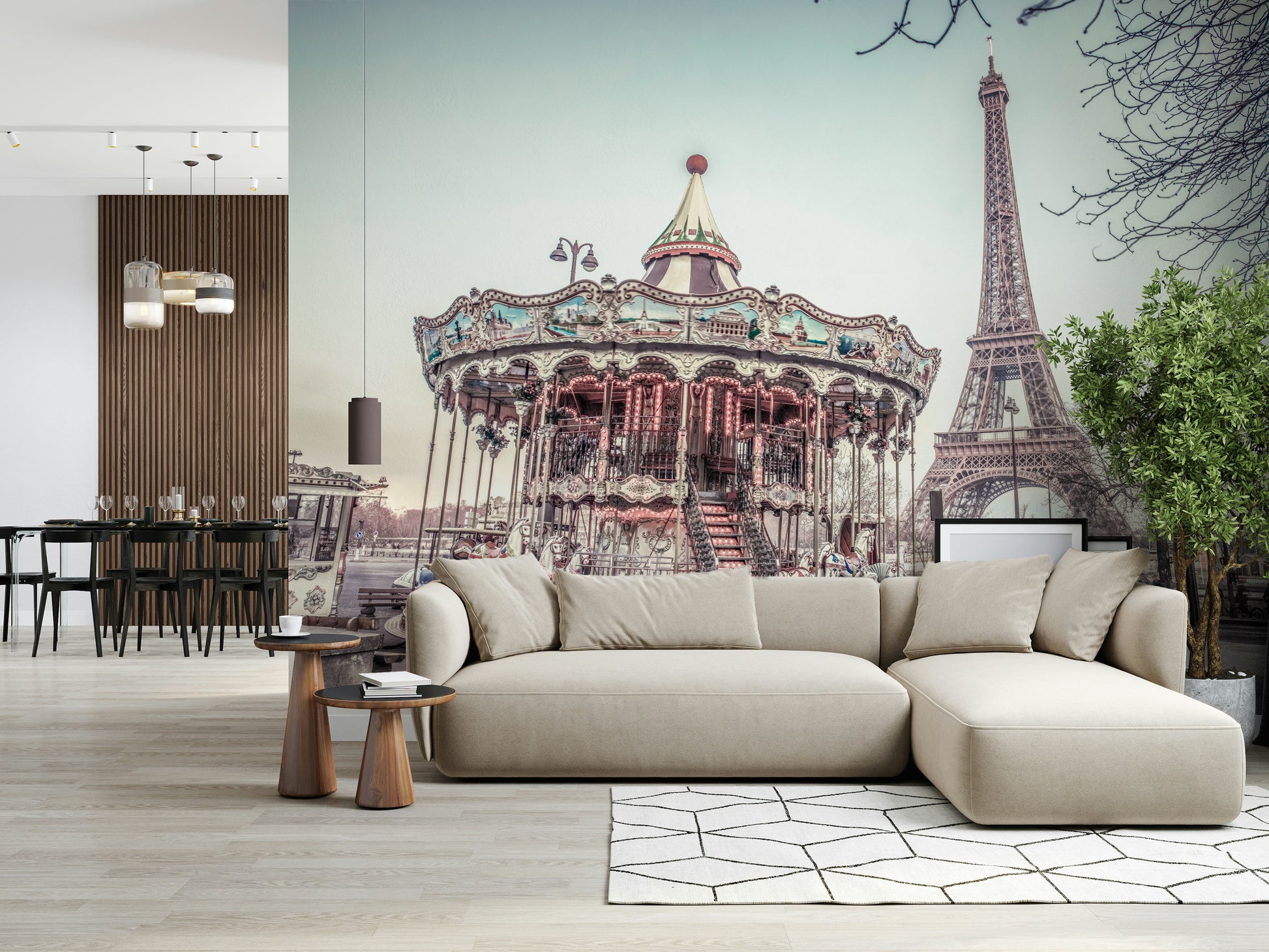Iconic landmark fun Carousel and the Eiffel tower Wall Mural for walls.
