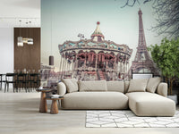 Iconic landmark fun Carousel and the Eiffel tower Wall Mural for walls.