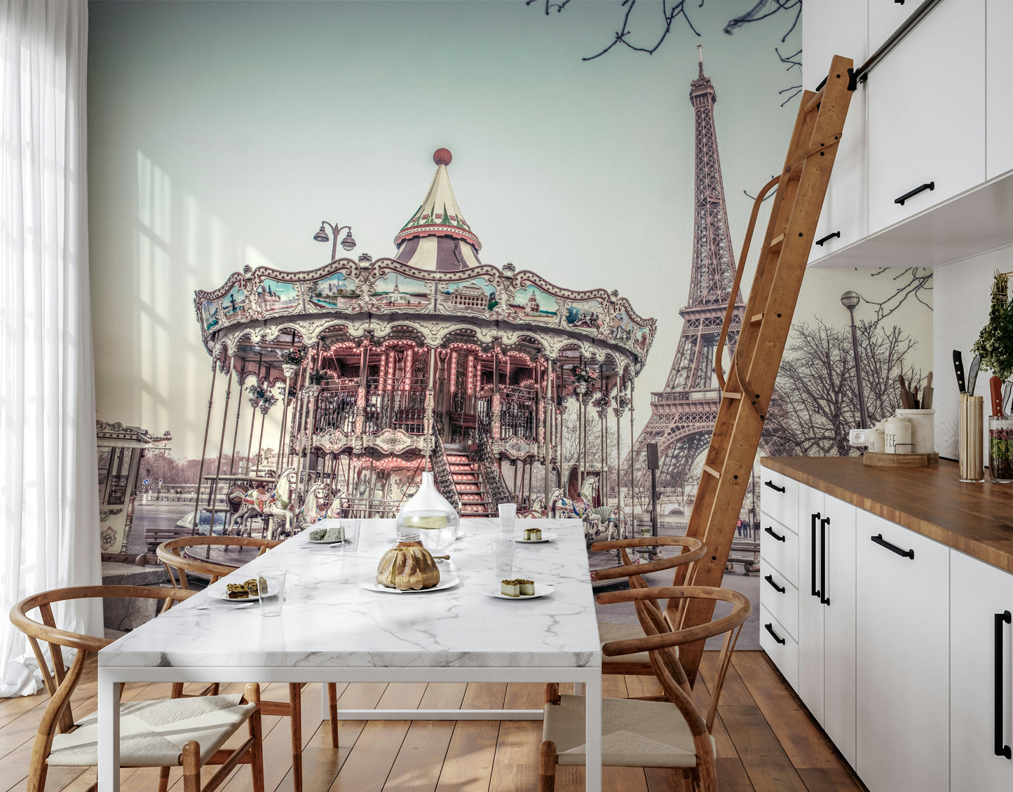 Eiffel Tower funfair view Carousel and the Eiffel tower peel and stick wall mural.