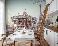 Eiffel Tower funfair view Carousel and the Eiffel tower peel and stick wall mural.