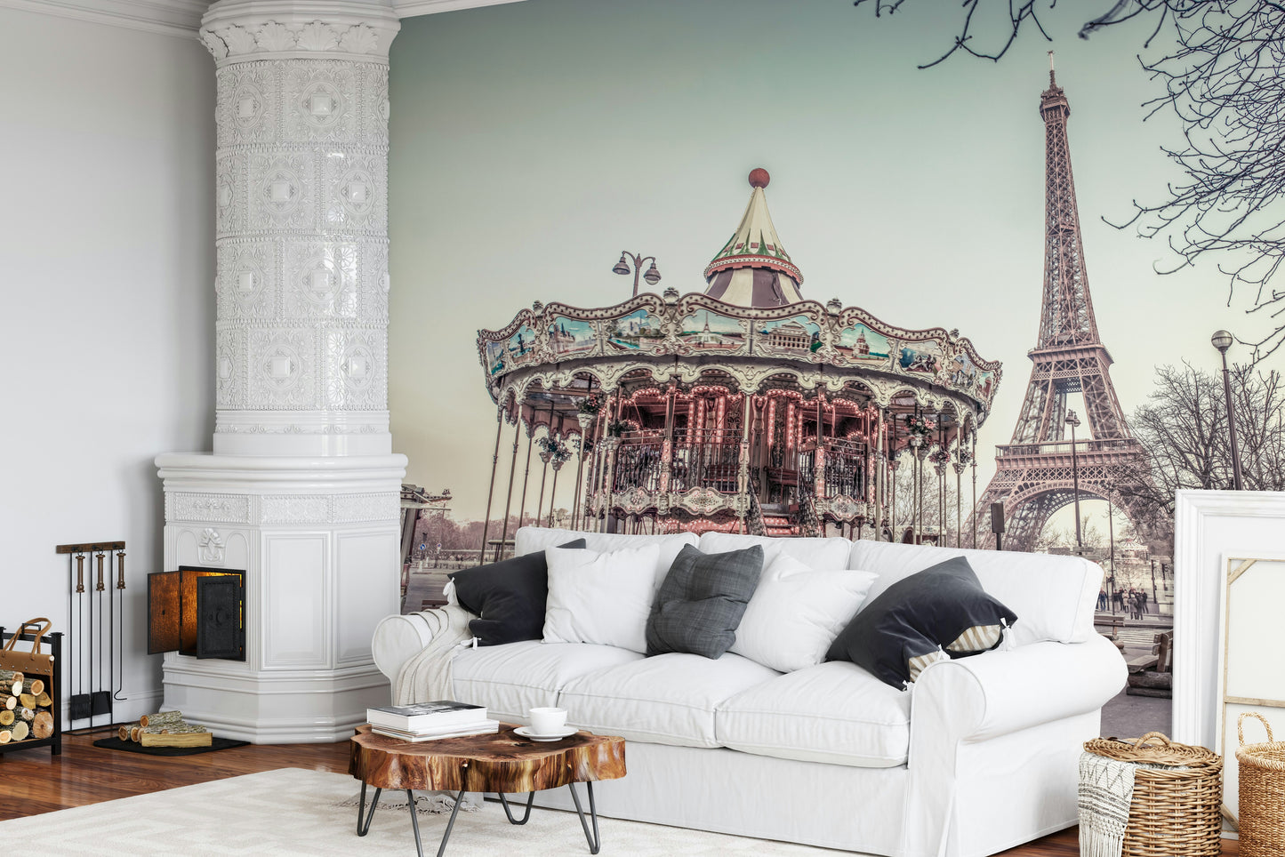 Whimsical city scene Carousel and the Eiffel tower Wall Mural.