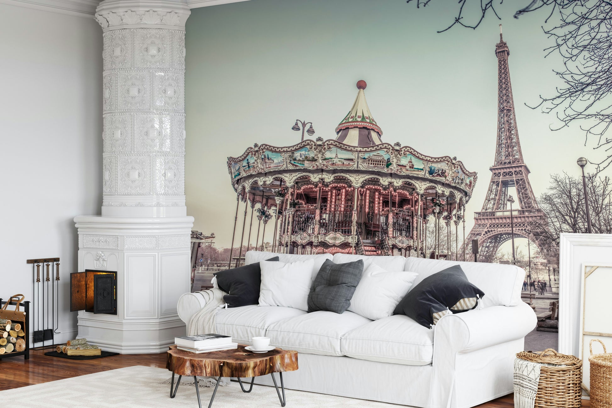 Whimsical city scene Carousel and the Eiffel tower Wall Mural.
