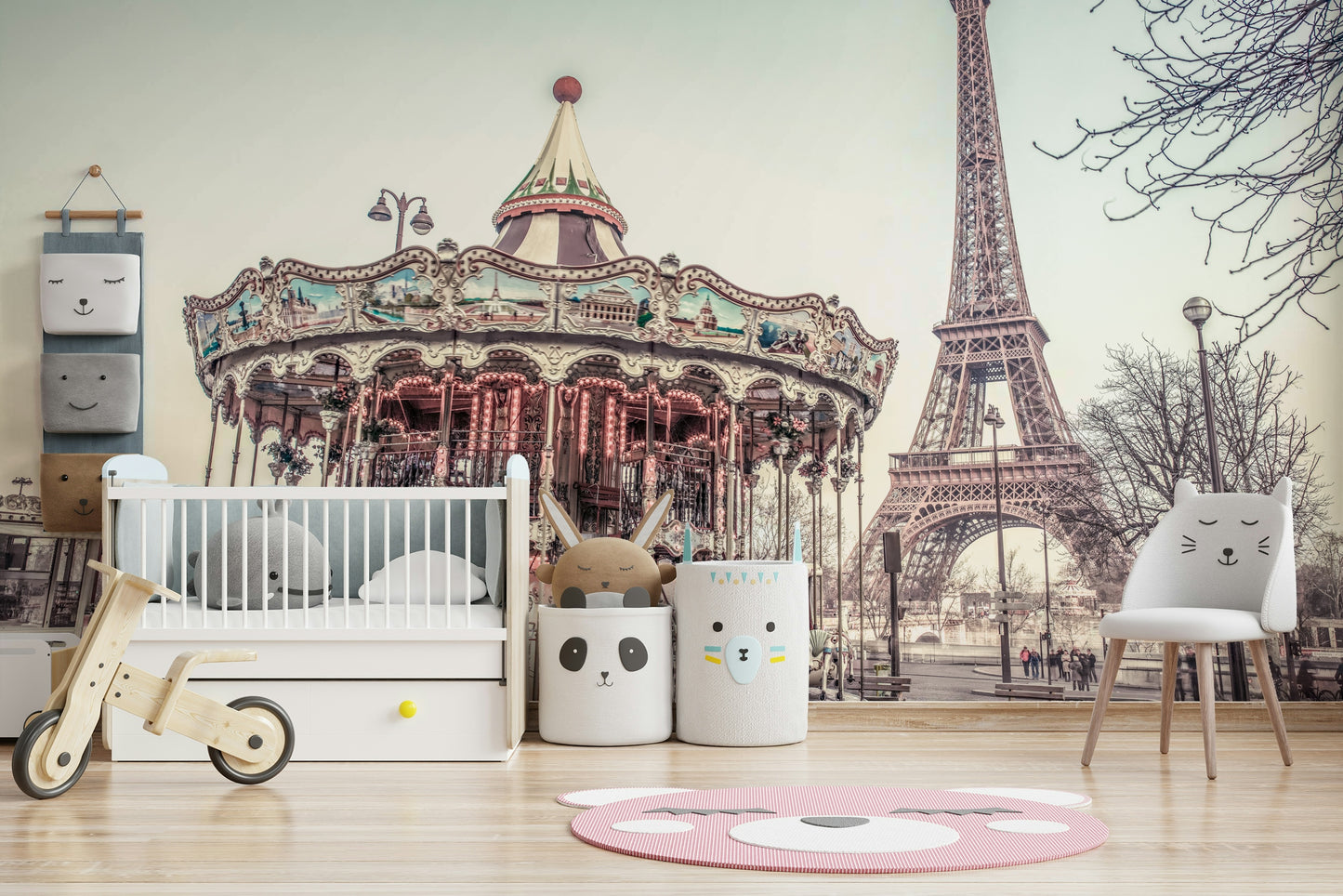 Romantic Parisian merry-go-round Carousel and the Eiffel tower wall mural.
