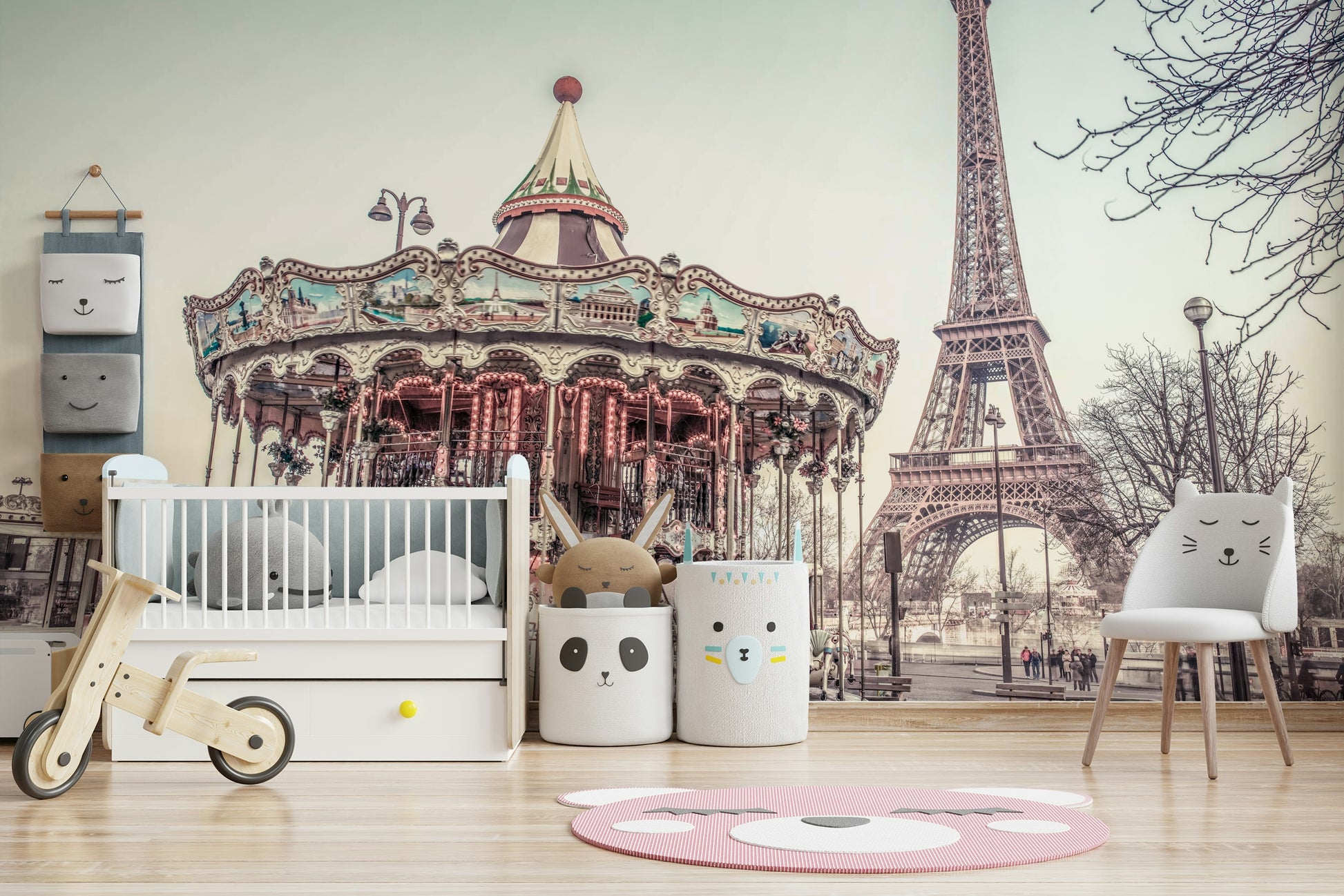 Romantic Parisian merry-go-round Carousel and the Eiffel tower wall mural.