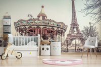 Romantic Parisian merry-go-round Carousel and the Eiffel tower wall mural.