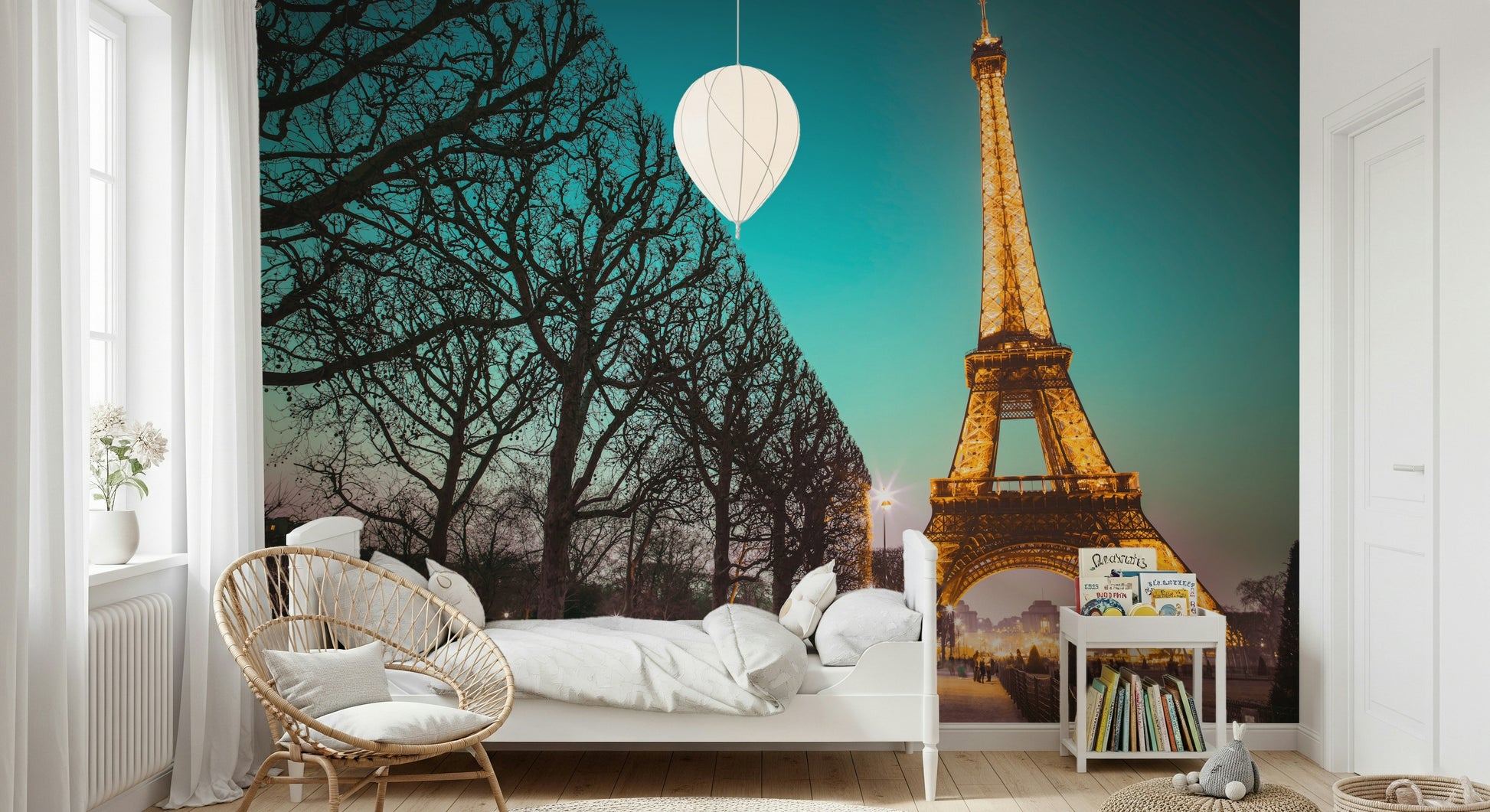 Glowing city skyline Towards Twinkling Tower, premium quality wallcovering.