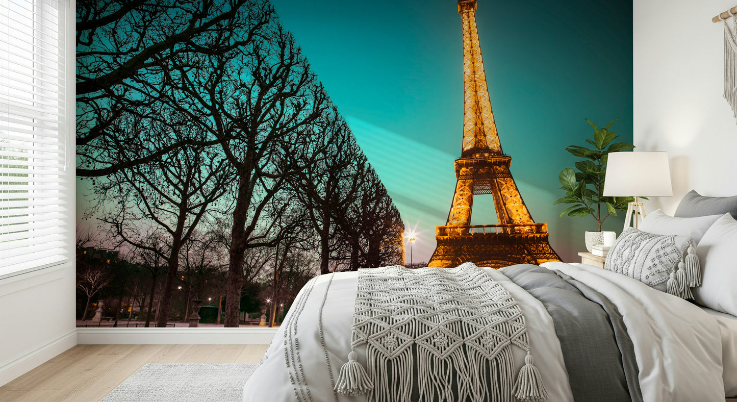 Vibrant Parisian view Towards Twinkling Tower Wall Mural, striking accent.