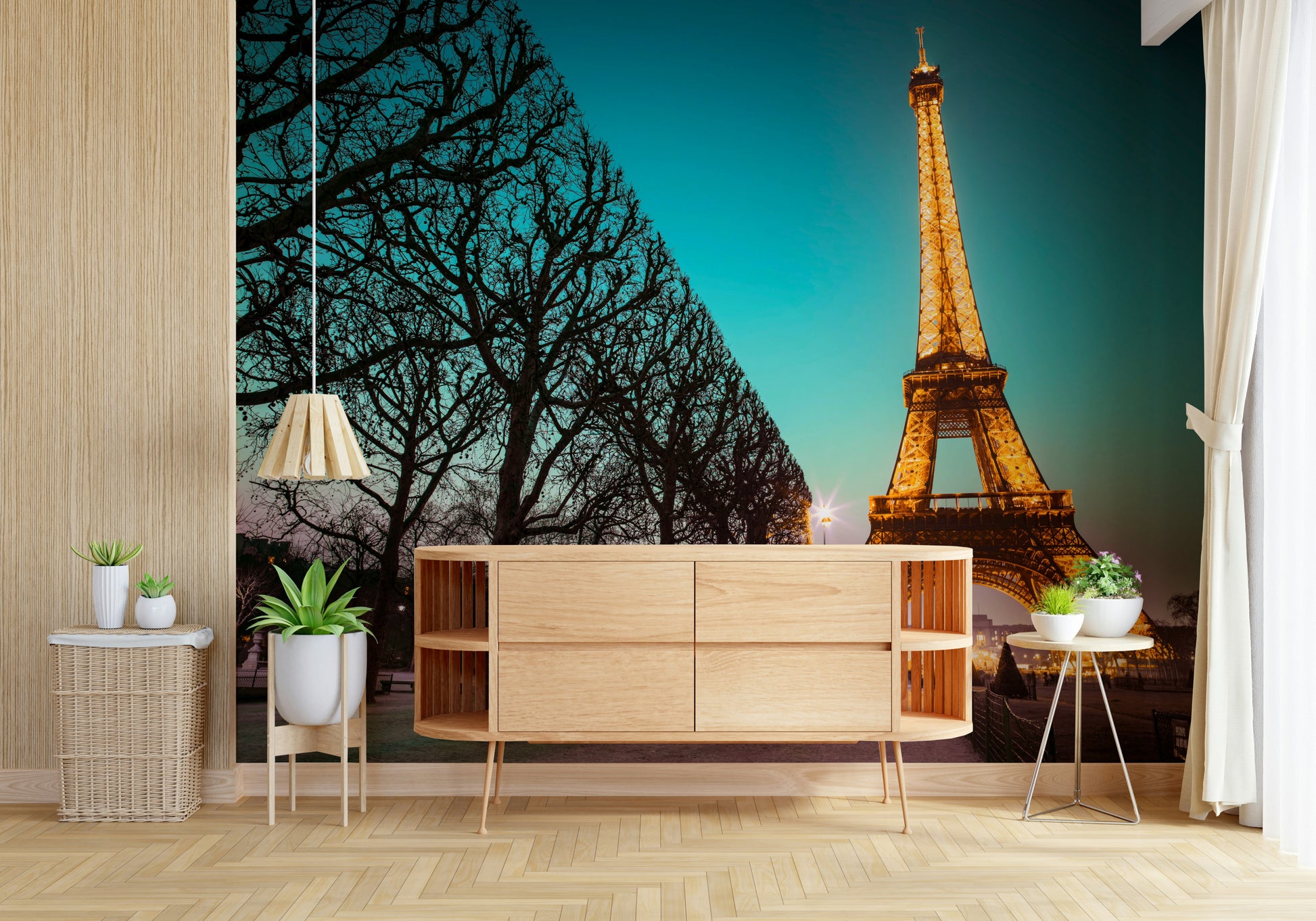 Blue and teal sky Towards Twinkling Tower Wall Mural wall art.