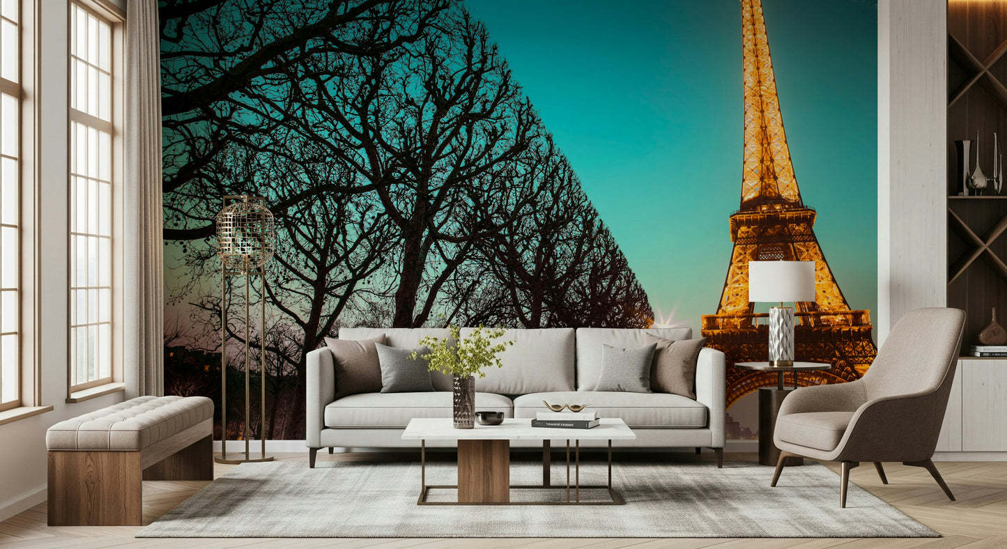 Illuminated Eiffel Tower Towards Twinkling Tower peel and stick wallpaper.
