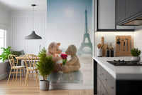 Eiffel Tower view Bears in Love peel and stick wallpaper.