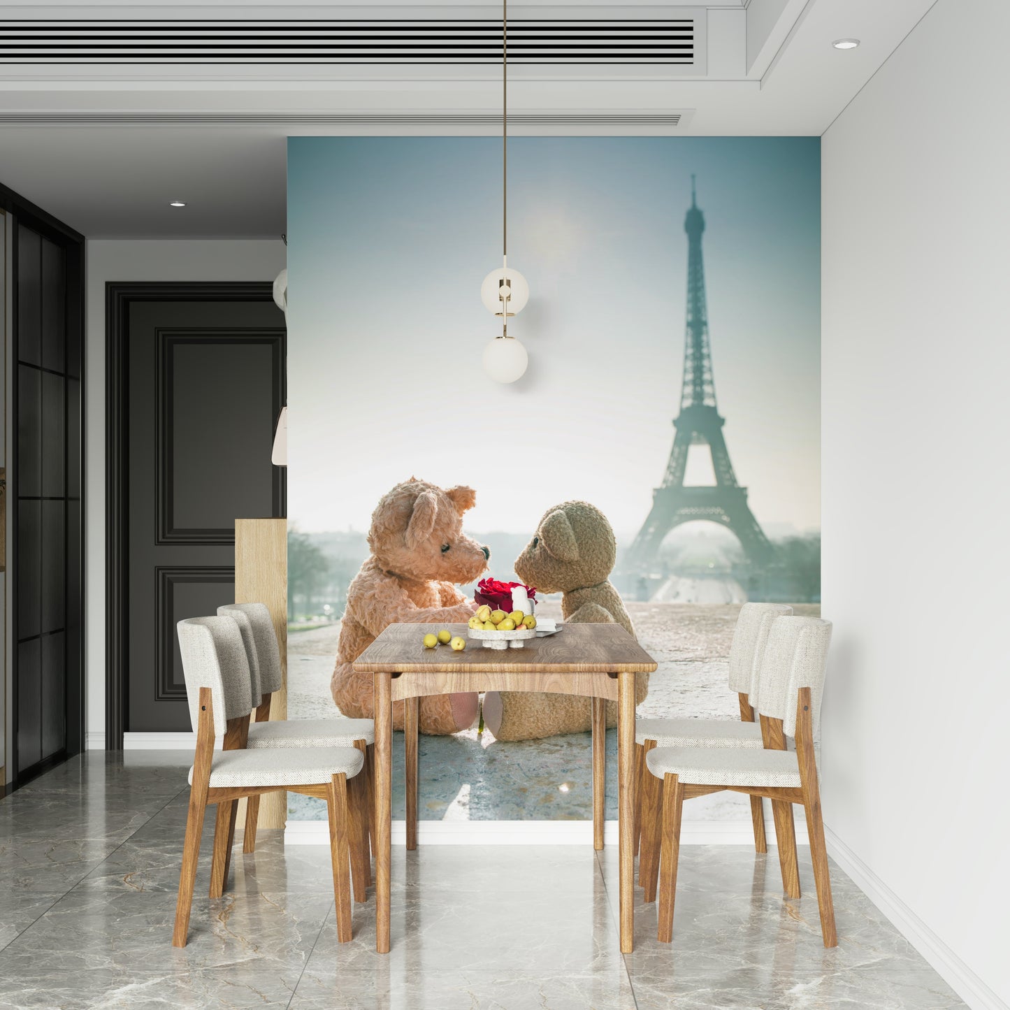 Playful Parisian scene Bears in Love Wall Mural, delightful accent wall.
