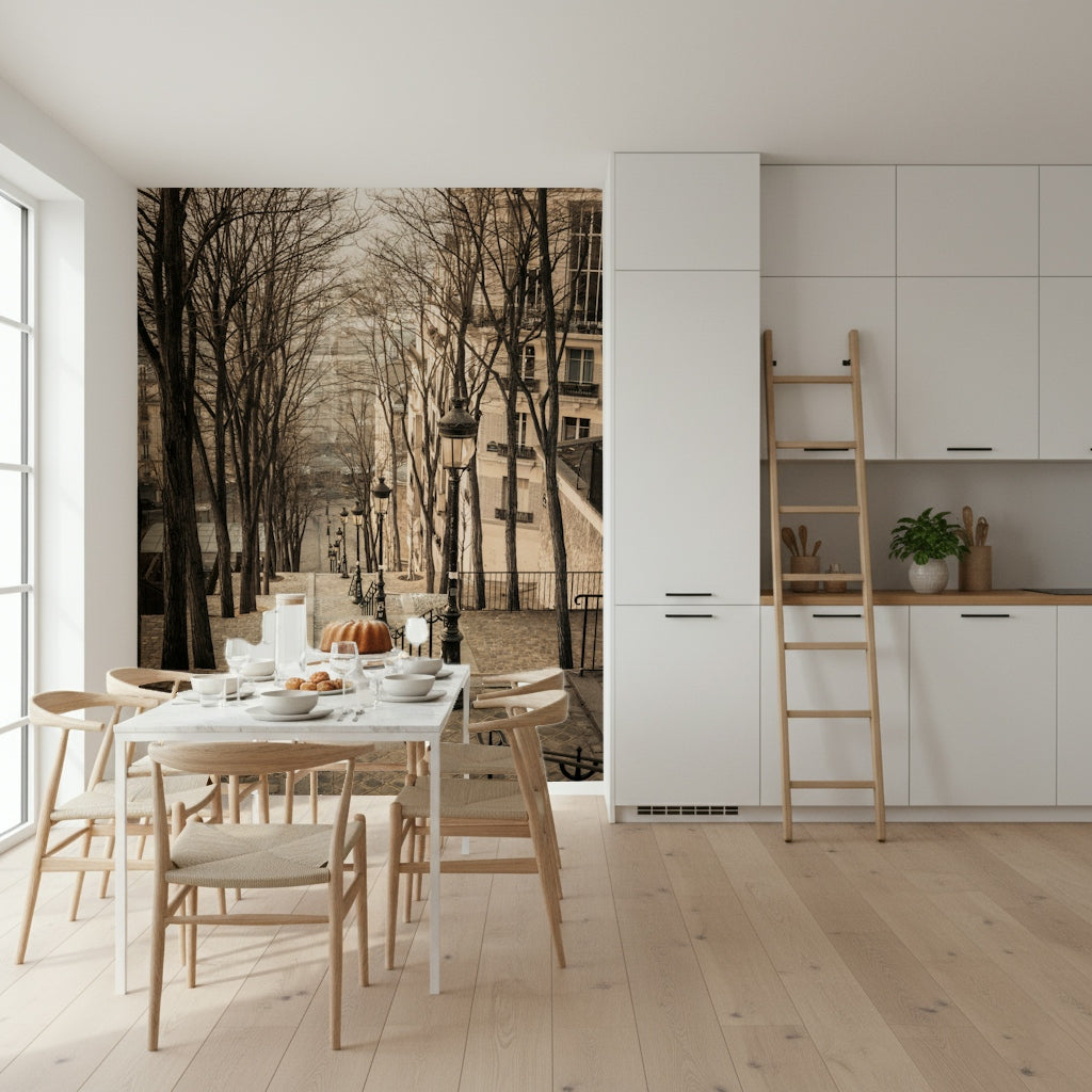 Moody sepia tone steps Montmartre stairs unique wallpaper mural.