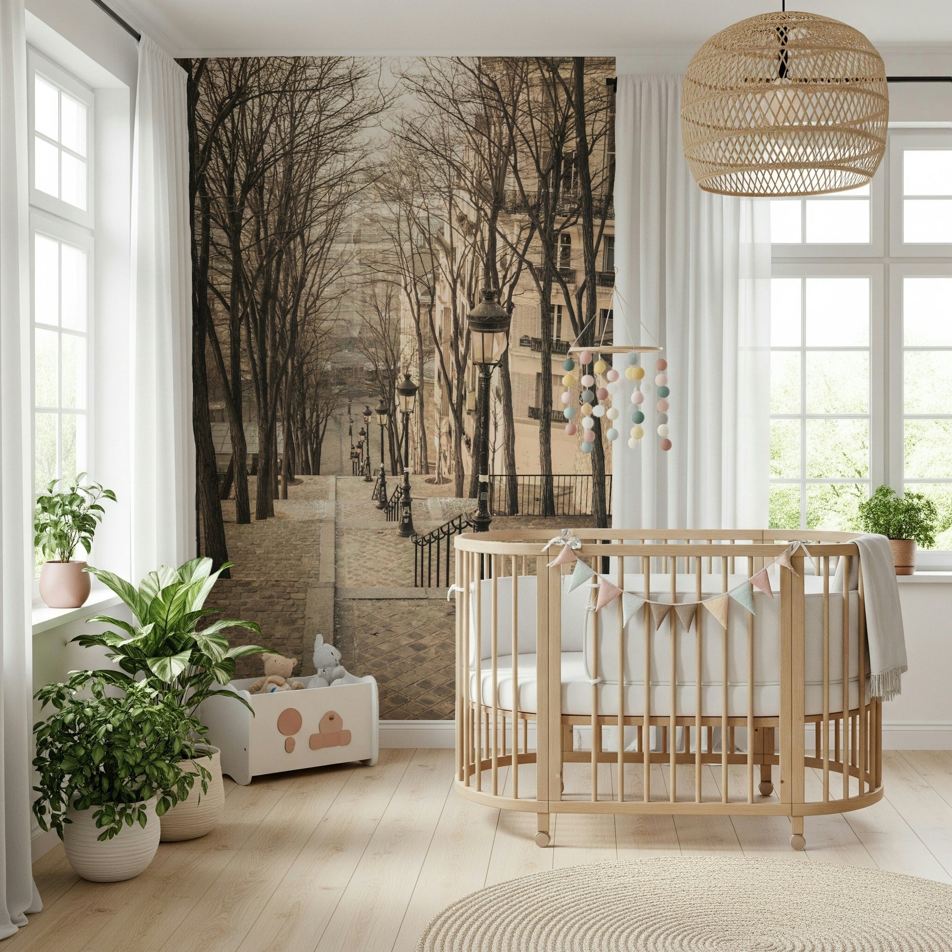 Romantic stone path Montmartre stairs, stunning peel and stick wallpaper.