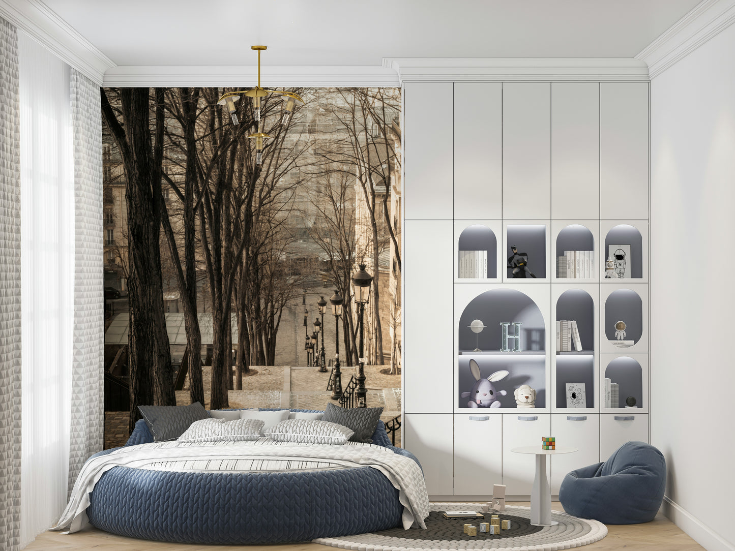 Historic European city Montmartre stairs unique wallpaper for walls.