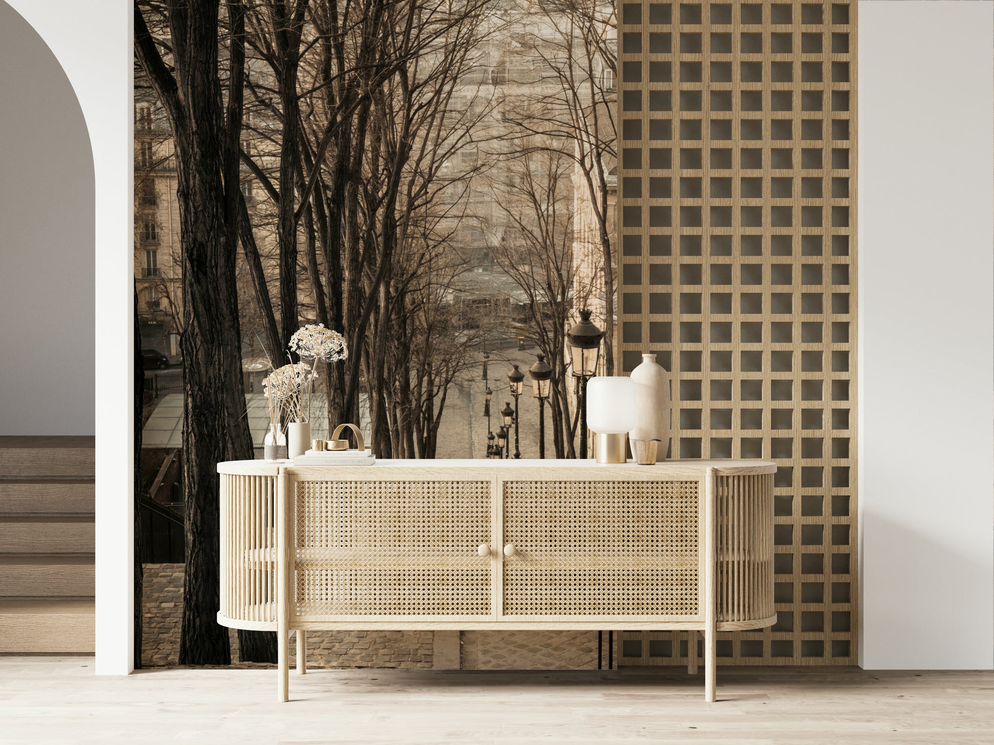 Sepia city view Montmartre stairs Wall Mural street wall art.